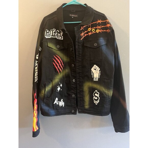 M Society Politically Incorrect Street Wear Denim Jacket Pants BLM Graffiti - Picture 1 of 9